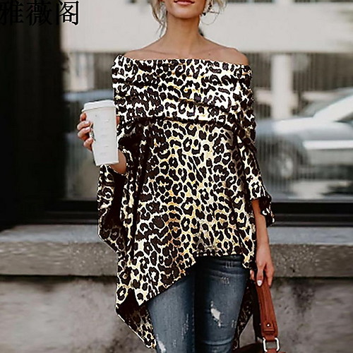 

Women's Leopard T-shirt Daily Off Shoulder Brown