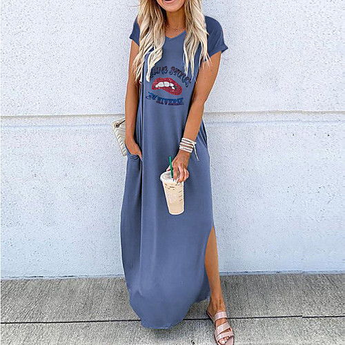 

Women's Shift Dress Short Sleeves Letter Split Spring Summer Casual Daily 2020 White Black Blue Khaki Green S M L XL