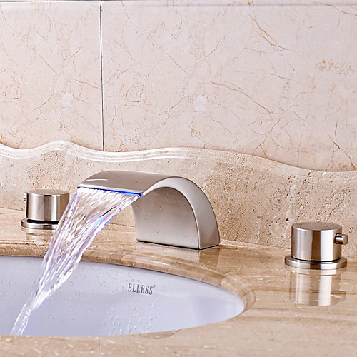 

Bathroom Sink Faucet - LED / Widespread / Waterfall Nickel Brushed Deck Mounted Two Handles Three HolesBath Taps