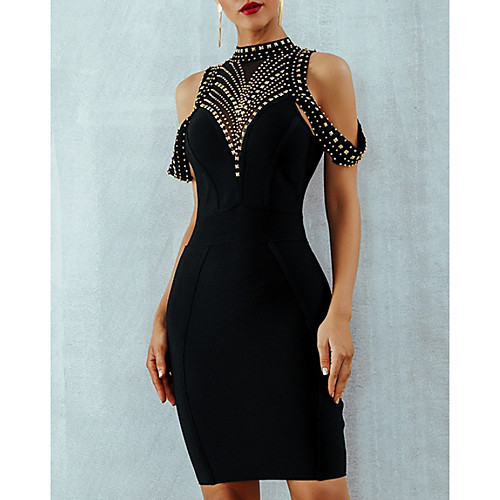 

Mermaid / Trumpet Little Black Dress Beautiful Back Party Wear Cocktail Party Dress High Neck Short Sleeve Short / Mini Nylon with Beading 2020