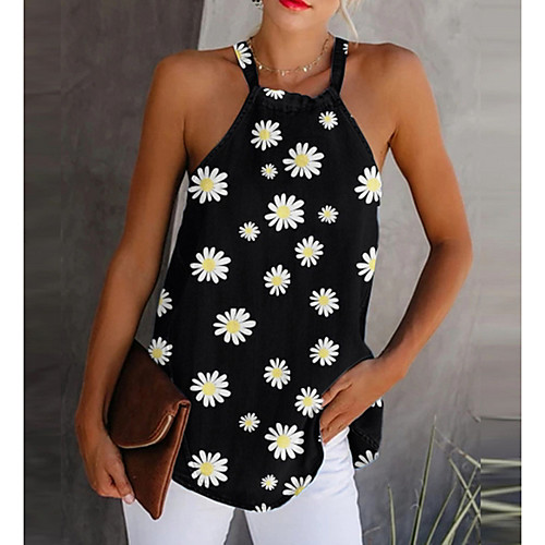 

Women's Tank Top Geometric Halter Neck Tops Basic Top White Black Blue