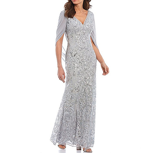 

Sheath / Column Mother of the Bride Dress Elegant Sparkle & Shine V Neck Floor Length Chiffon Lace Half Sleeve with Sequin 2020