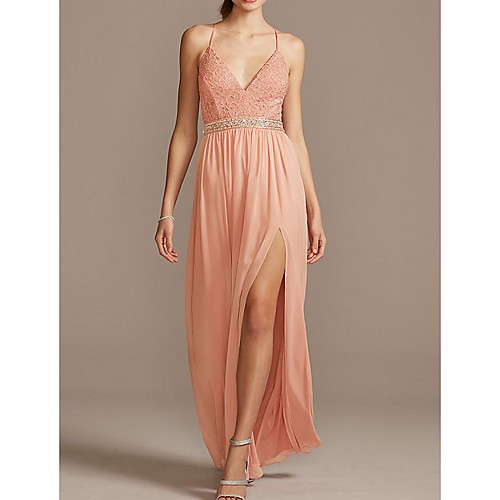 

Sheath / Column Beautiful Back Boho Holiday Prom Dress Spaghetti Strap Sleeveless Floor Length Chiffon with Sash / Ribbon Pleats Split 2020