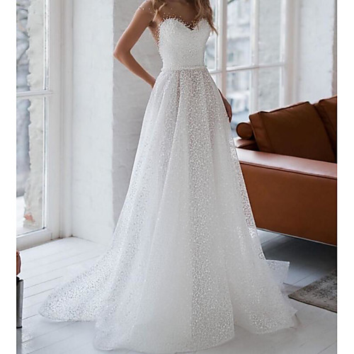 

A-Line Wedding Dresses Jewel Neck Sweep / Brush Train Tulle Sleeveless Sexy See-Through Backless with Side-Draped 2020