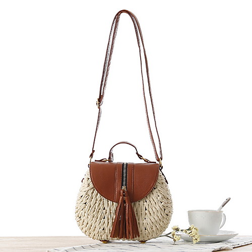 

Women's Tassel Faux Leather / Straw Crossbody Bag 2020 Color Block Dark Brown / White / Blue
