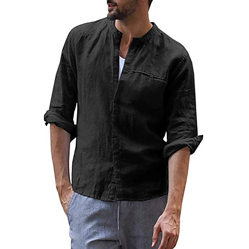 

Men's Solid Colored Shirt - Cotton Chinoiserie Hawaiian Daily Going out V Neck Button Down Collar White / Black / Navy Blue / Long Sleeve