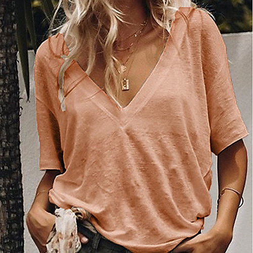 

Women's Solid Colored Loose T-shirt Daily V Neck White / Yellow / Blushing Pink / Light Green / Gray