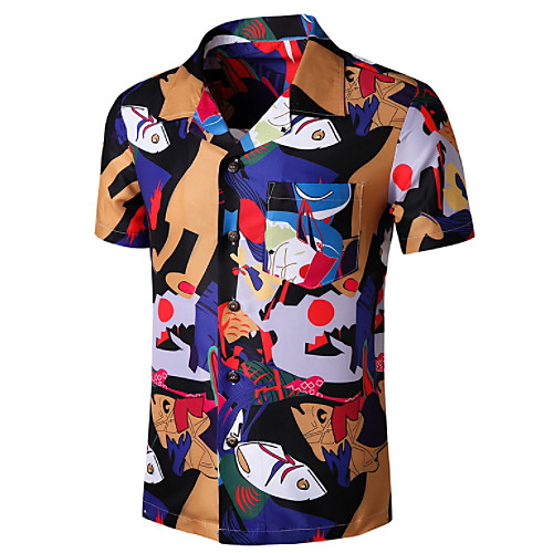 

Men's Graphic Patchwork Print Shirt Tropical Daily Button Down Collar Blue / Short Sleeve