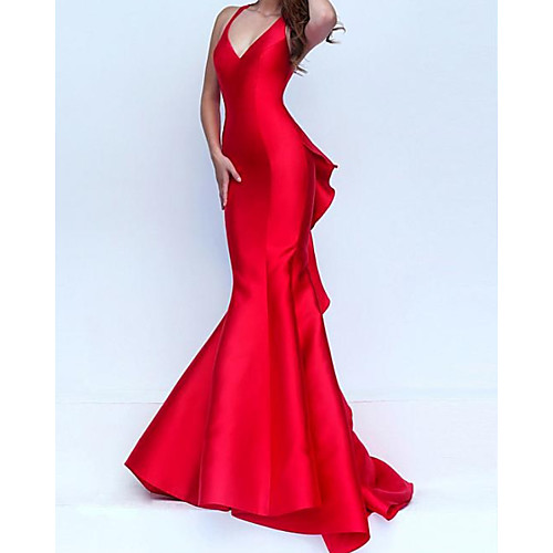 

Mermaid / Trumpet Elegant Red Engagement Formal Evening Dress V Neck Sleeveless Sweep / Brush Train Satin with Ruffles 2020