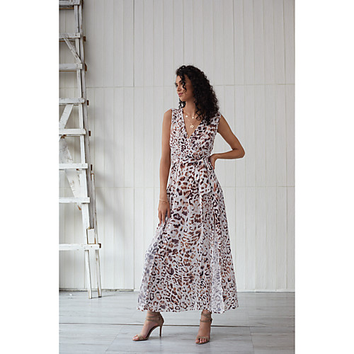 

Women's Swing Dress Maxi long Dress - Sleeveless Leopard Split Summer Elegant Holiday Going out 2020 Brown XS S M L XL