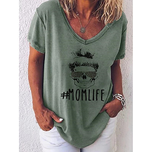 

Women's Letter Print T-shirt Daily V Neck Blue / Blushing Pink / Green