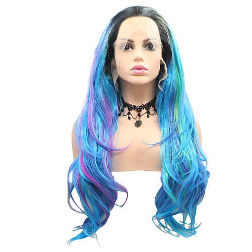 

Synthetic Lace Front Wig Curly Layered Haircut Lace Front Wig Medium Length Black / Blue Synthetic Hair 26 inch Women's Party Women Blue Sylvia