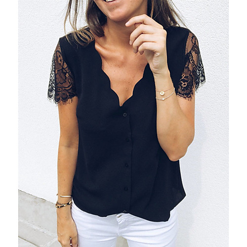 

Women's Solid Colored Shirt Daily Weekend V Neck White / Black