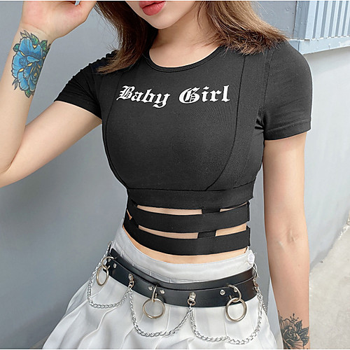 

Women's T-shirt Letter Round Neck Tops Slim Basic Top Black