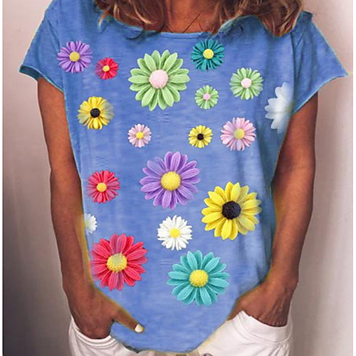 

Women's T shirt Floral Flower Round Neck Tops Basic Top Blue Yellow Green