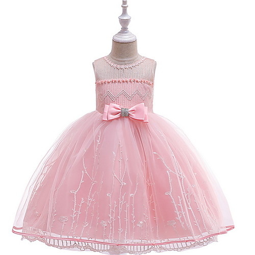 

Ball Gown Floor Length Party / Wedding Flower Girl Dresses - Lace / Tulle Sleeveless Jewel Neck with Bow(s) / Embroidery