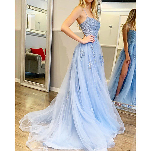 

A-Line Sexy Blue Engagement Formal Evening Dress Spaghetti Strap Sleeveless Court Train Tulle with Pleats 2020