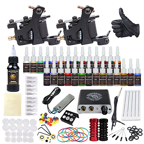 

DRAGONHAWK Tattoo Machine Starter Kit - 2 pcs Tattoo Machines with 1 x 30 ml / 28 x 5 ml tattoo inks, Professional, Safety, Easy to Install Alloy Mini power supply Case Not Included 2 alloy machine