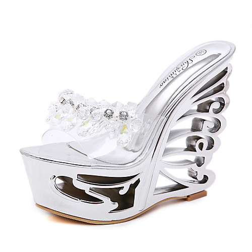 

Women's Sandals Wedge Sandals Summer Wedge Heel Round Toe Classic Party & Evening Crystal Solid Colored PU Gold / Silver