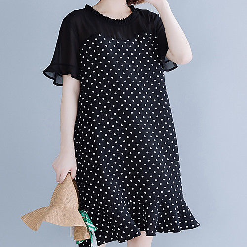 

Women's A Line Dress - Short Sleeves Polka Dot Ruffle Spring Summer Casual Street chic Daily Holiday Loose 2020 Black XL XXL XXXL XXXXL