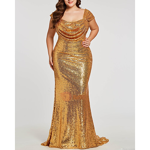 

Mermaid / Trumpet Sparkle Plus Size Party Wear Formal Evening Dress Scoop Neck Short Sleeve Sweep / Brush Train Sequined with Ruched 2021