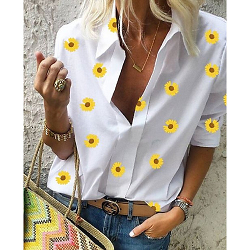 

Women's Floral Daisy Print Shirt Daily Shirt Collar White / Black / Blue / Yellow / Green