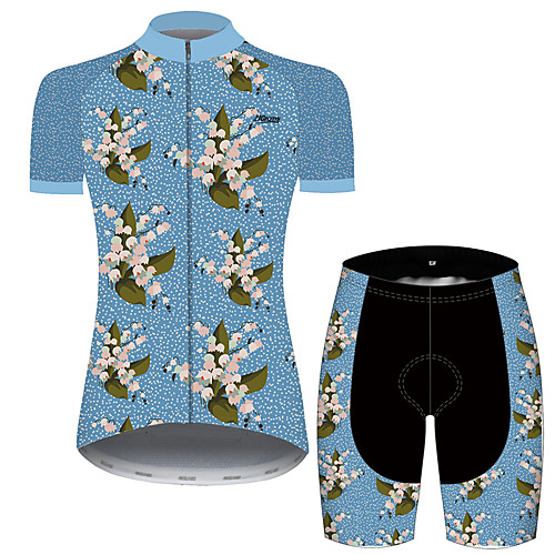 

21Grams Women's Short Sleeve Cycling Jersey with Shorts Blue Floral Botanical Bike Clothing Suit Breathable 3D Pad Quick Dry Ultraviolet Resistant Reflective Strips Sports Patterned Mountain Bike MTB