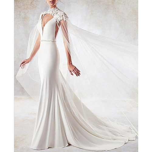 

Mermaid / Trumpet Wedding Dresses V Neck Sweep / Brush Train Lace Tulle Stretch Satin Sleeveless Simple Sexy Backless Cape with Sashes / Ribbons 2020