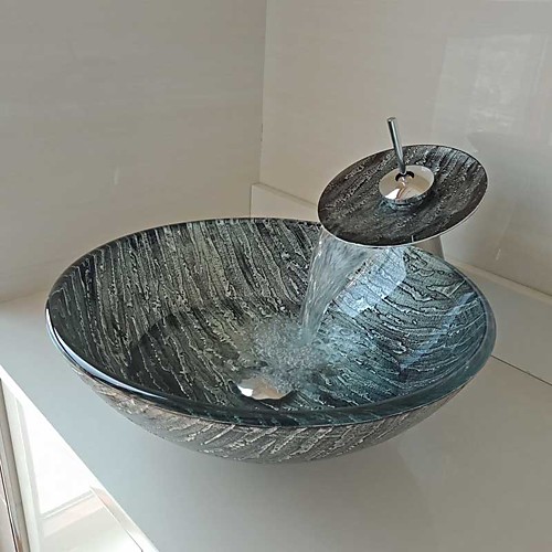 

Round Carved Bark Tempered Glass Vessel Sink with Waterfall Faucet Pop - Up Drain and Mounting Ring