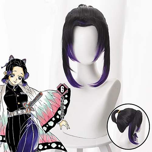 

Demon Slayer: Kimetsu no Yaiba Kochou Shinobu Cosplay Wigs Men's With Ponytail 14 inch Heat Resistant Fiber kinky Straight Black Teen Adults' Anime Wig