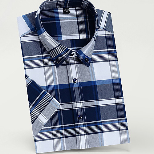 

Men's Plaid Print Shirt - Cotton Daily Button Down Collar Navy Blue / Short Sleeve