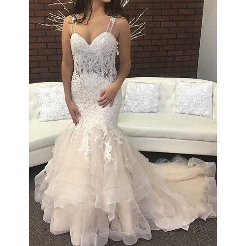 

Mermaid / Trumpet Wedding Dresses Spaghetti Strap Sweep / Brush Train Lace Tulle Sleeveless Sexy Backless with Embroidery Appliques Cascading Ruffles 2020