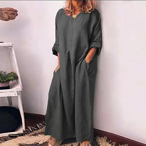 

Women's Maxi Shift Dress - Long Sleeve Solid Color Split Spring Fall Vintage Loose 2020 Wine Black Green Navy Blue Gray S M L XL XXL XXXL XXXXL / Cotton