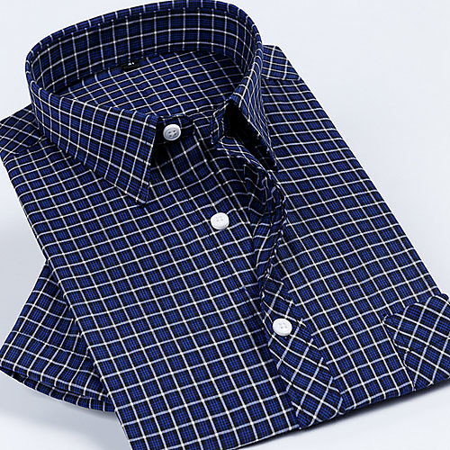 

Men's Plaid Print Shirt Daily Button Down Collar Navy Blue / Short Sleeve
