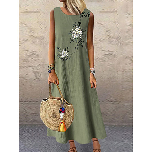 

Women's Shift Dress Maxi long Dress Gray Green Sleeveless Floral Print Summer Round Neck Hot Casual Holiday Loose 2021 M L XL XXL 3XL 4XL 5XL / Plus Size / Cotton / Plus Size / Cotton