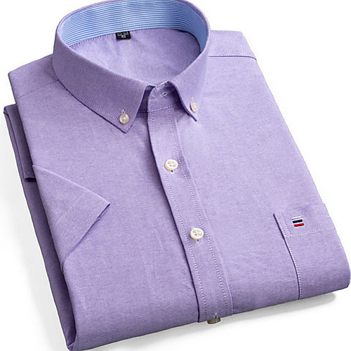 

Men's Plaid Solid Colored Shirt - Cotton Daily Button Down Collar Purple / Short Sleeve