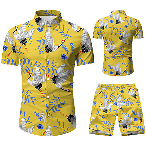 

Men's Graphic Animal Crane Print Set Beach Tropical Holiday Going out Blue / Yellow / Short Sleeve
