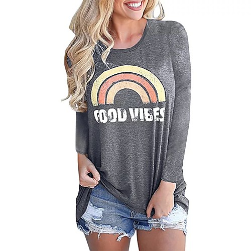 

Women's Tops Scenery Letter T-shirt - Print Round Neck Loose Basic Daily Spring Fall Wine Black Green Gray S M L XL