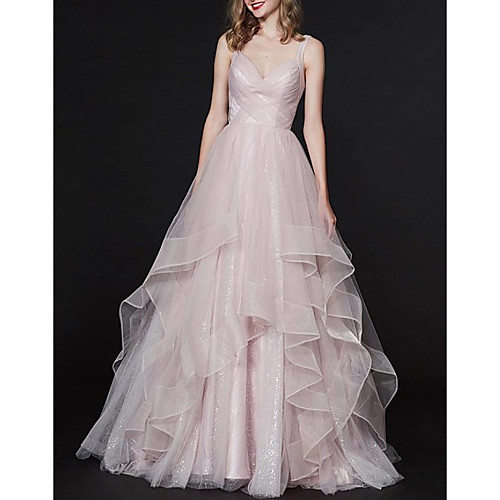 

Ball Gown Elegant Pink Engagement Formal Evening Dress Spaghetti Strap Sleeveless Sweep / Brush Train Tulle with Pleats Tier 2020