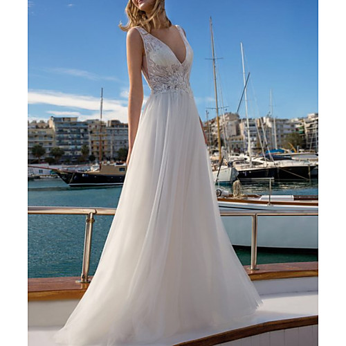 

A-Line Wedding Dresses V Neck Floor Length Lace Tulle Sleeveless Beach Sexy See-Through Backless with Embroidery Appliques 2020