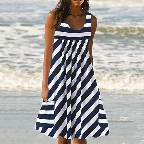 

Women's A Line Dress - Sleeveless Striped Summer Street chic 2020 Wine Black Green Navy Blue Gray S M L XL XXL