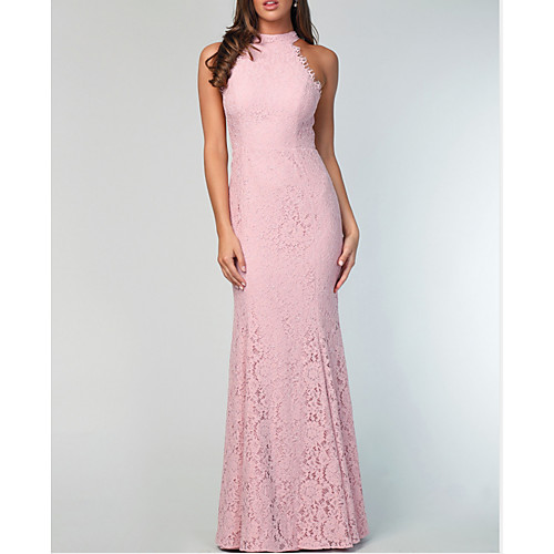 

Sheath / Column Jewel Neck Floor Length Lace Bridesmaid Dress with Lace / Appliques