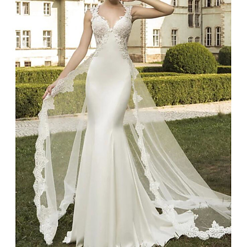 

Mermaid / Trumpet Wedding Dresses V Neck Sweep / Brush Train Satin Tulle Sleeveless Formal with Embroidery 2021