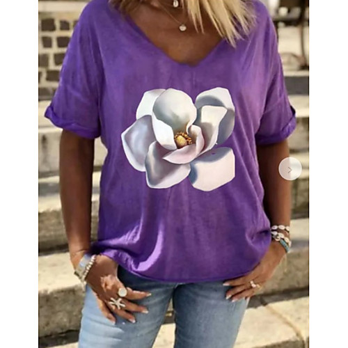 

Women's Tops Floral T-shirt V Neck Daily Summer Purple S M L XL 2XL 3XL