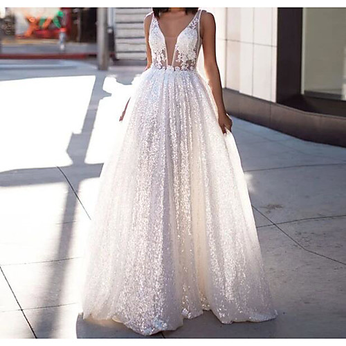 

A-Line Wedding Dresses Scoop Neck Sweep / Brush Train Lace Tulle Sleeveless Beach Sexy See-Through with Embroidery 2020