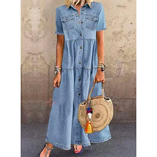 

Women's Denim Shirt Dress Maxi long Dress - Short Sleeves Summer Casual Vacation Denim 2020 Light Blue S M L XL XXL XXXL