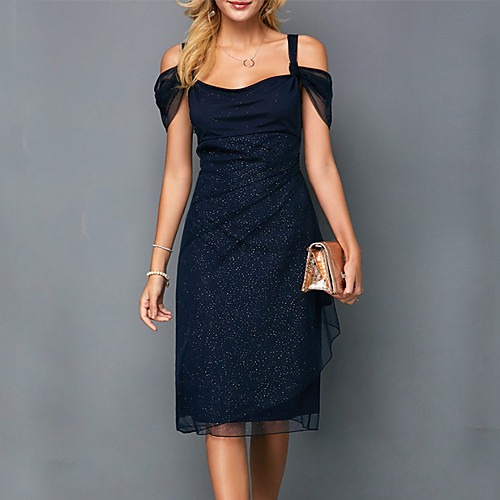 

Women's Sheath Dress - Short Sleeve Solid Colored Sequins Spring & Summer Strap Elegant Sophisticated 2020 Blue S M L XL XXL XXXL XXXXL / Cotton