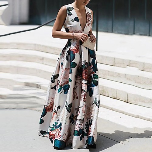 

Sheath / Column Maxi Floral Holiday Prom Dress V Neck Sleeveless Floor Length Nylon with Pattern / Print 2021