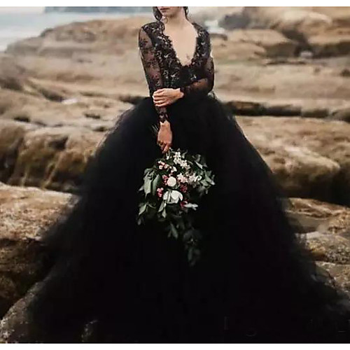 

A-Line Wedding Dresses Plunging Neck Sweep / Brush Train Polyester Long Sleeve Country Plus Size Black with Lace Insert Appliques 2021