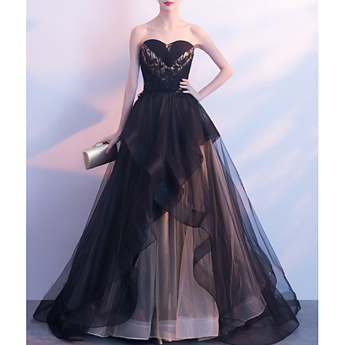 

Ball Gown Elegant Black Wedding Guest Formal Evening Dress Strapless Sleeveless Court Train Organza with Tier 2020